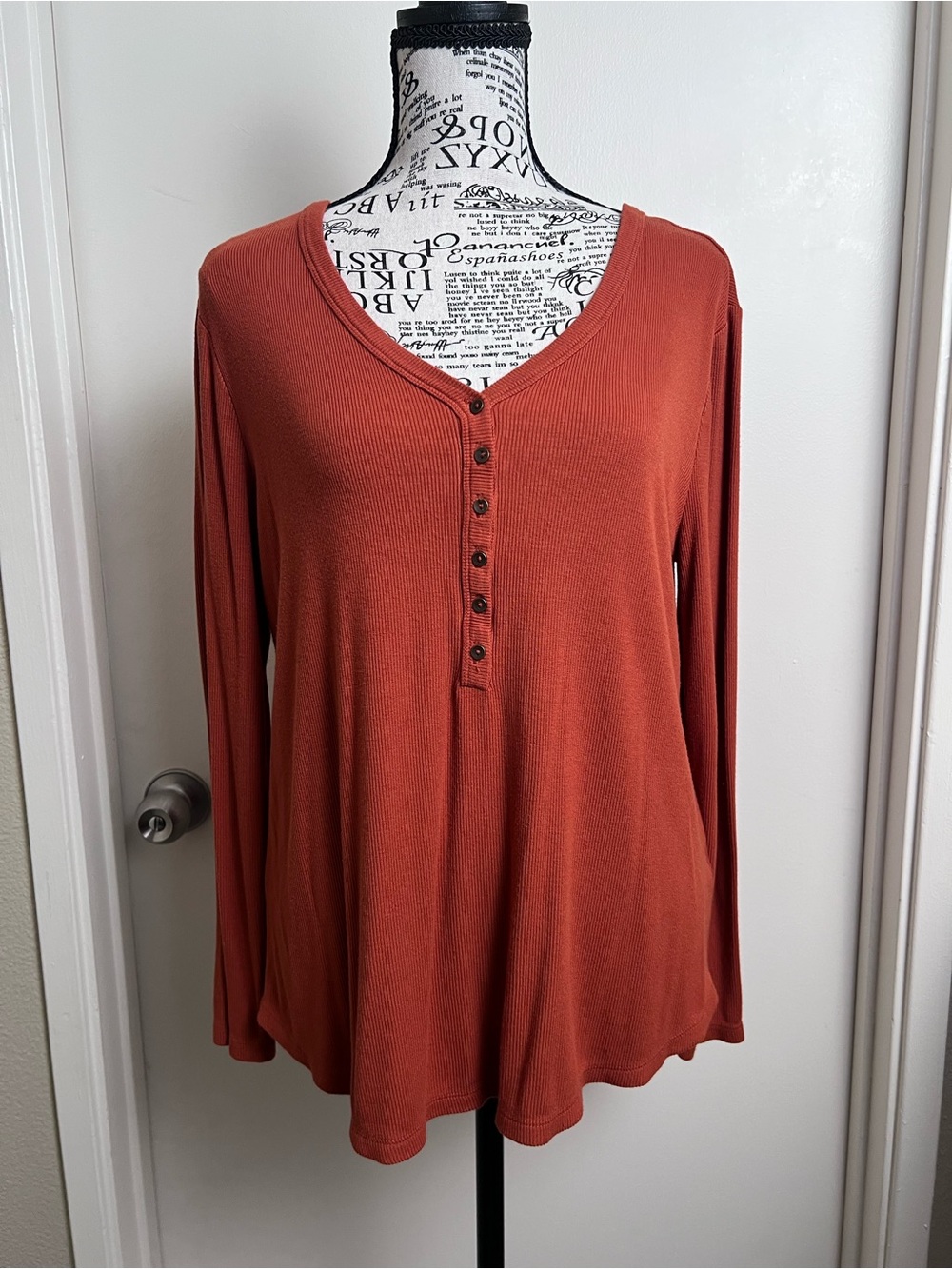 Liverpool Los Angeles Rust Orange Ribbed Henley Long Sleeve Top Medium